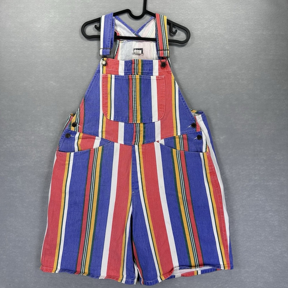 Vtg 90s Colorblock Striped Shortalls M | Made in USA Rainbow Festival Overalls